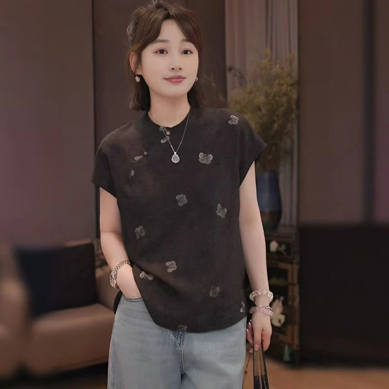 新中式国风刺绣蝴蝶立领短袖衬衫女夏季高级感宽松斜门襟盘扣上衣