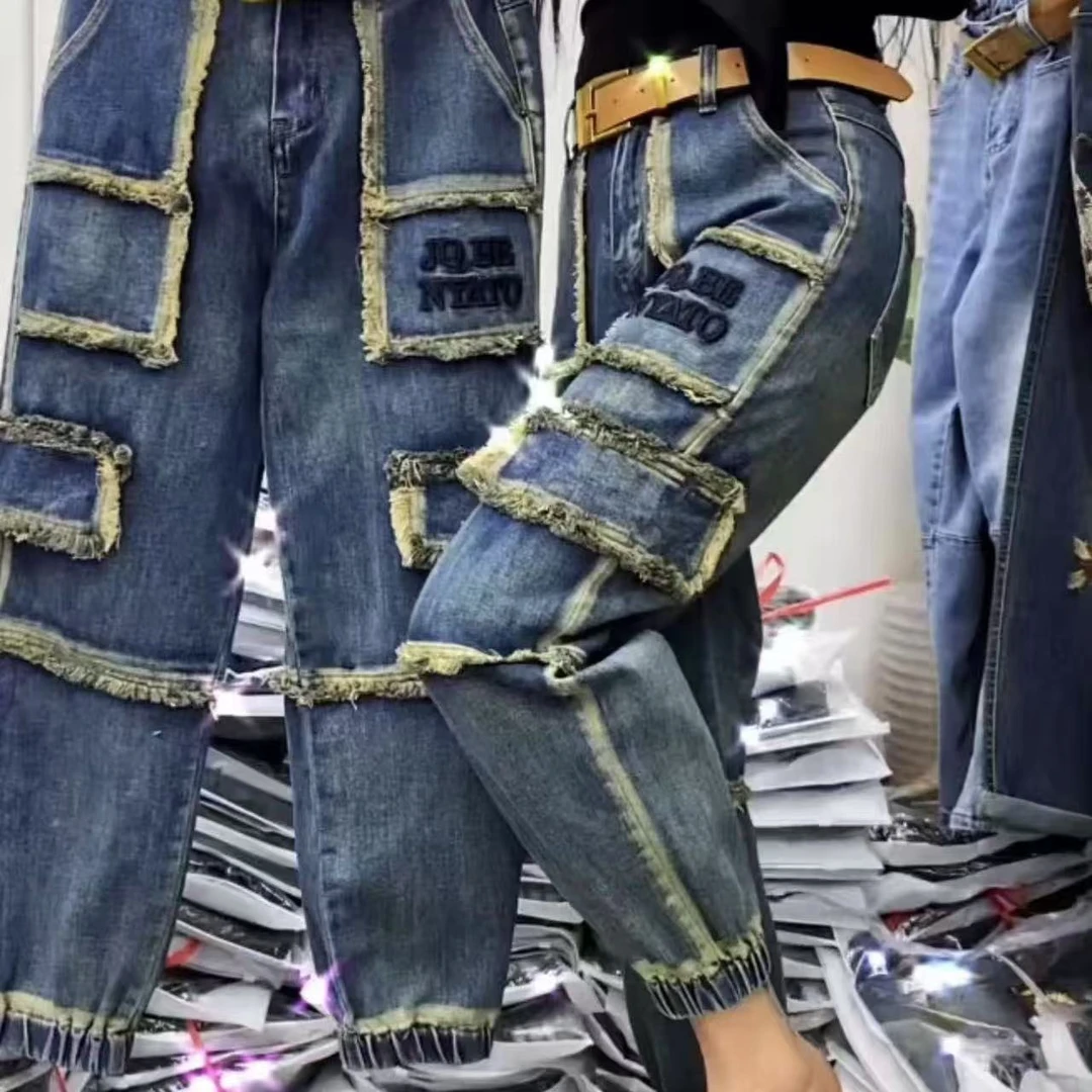 8661新款九分渐变色毛边流苏牛仔裤