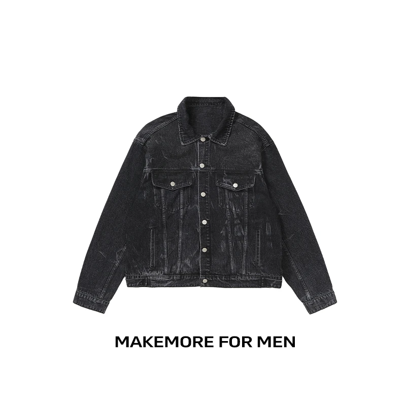 Makemore牛仔外套男重磅水洗复古压线美式街头宽松休闲黑色夹克女