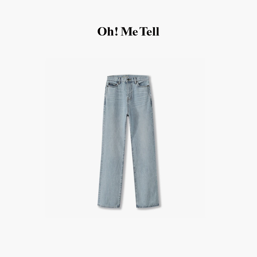 Oh！Me Tell【ROSE朴彩英同款】浅蓝色高腰显瘦显腿长直筒牛仔裤长裤