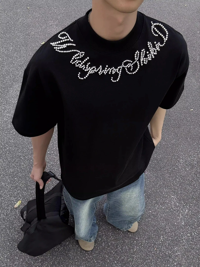 美式复古高街珍珠纯棉短袖T恤2025初夏季穿搭新款设计感宽松半袖