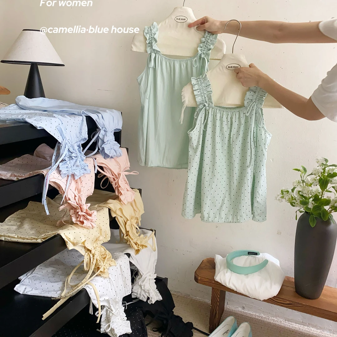 法式少女感清新净版波点褶皱宽肩带外穿吊带背心女夏宽松凉快小衫