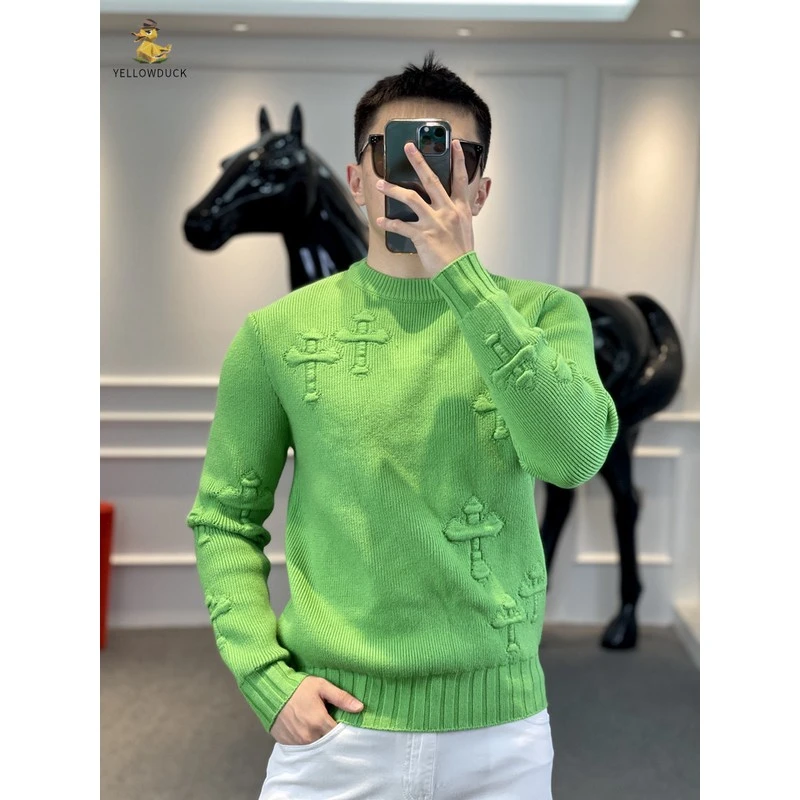 秋冬高端十字架刺绣绿色针织长袖羊毛衫男修身欧货毛衣打底衫