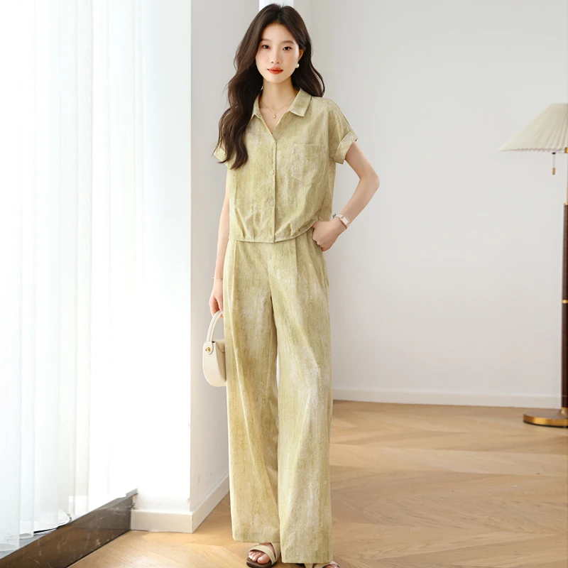 时尚洋气短袖衬衫阔腿裤两件套女2025夏新款通勤气质减龄休闲套装