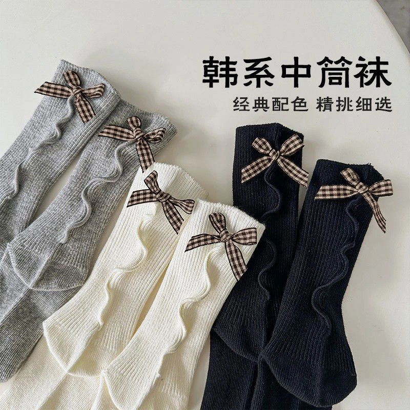 儿童袜子春秋新款韩版ins后跟蝴蝶结公主中筒袜女童洛丽塔花边袜