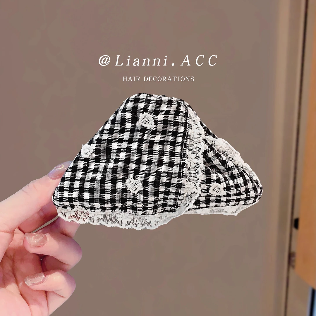 新款格子蕾丝抓夹小香风时尚千鸟格三角发抓后脑勺盘发鲨鱼夹头饰