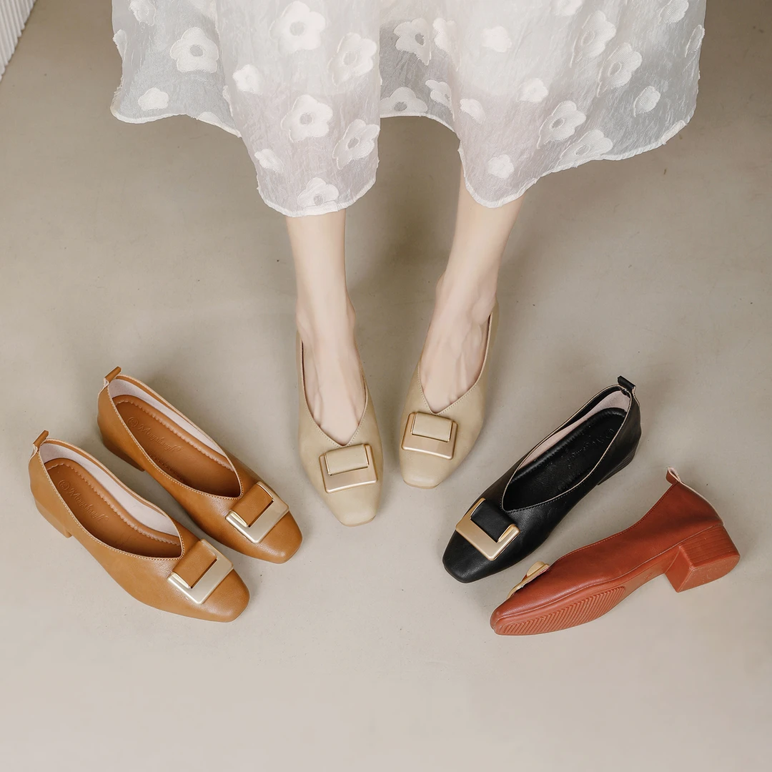 真皮方头单鞋金属扣浅口法式平跟玛丽珍单鞋时尚简约通勤百搭单鞋