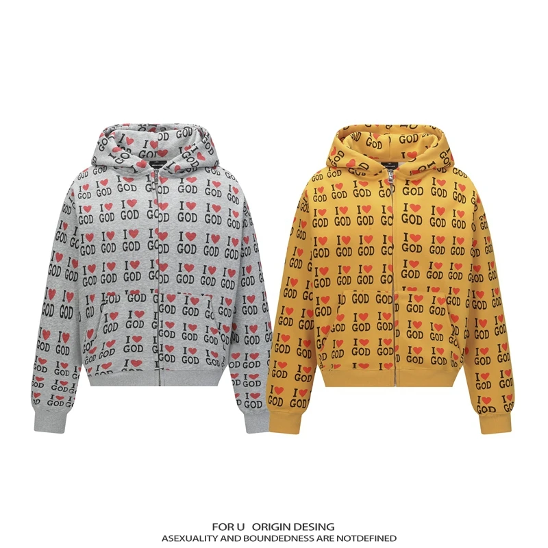 FOR U 原创国潮美式复古满印字母爱心长袖卫衣宽松帽衫外套男女潮