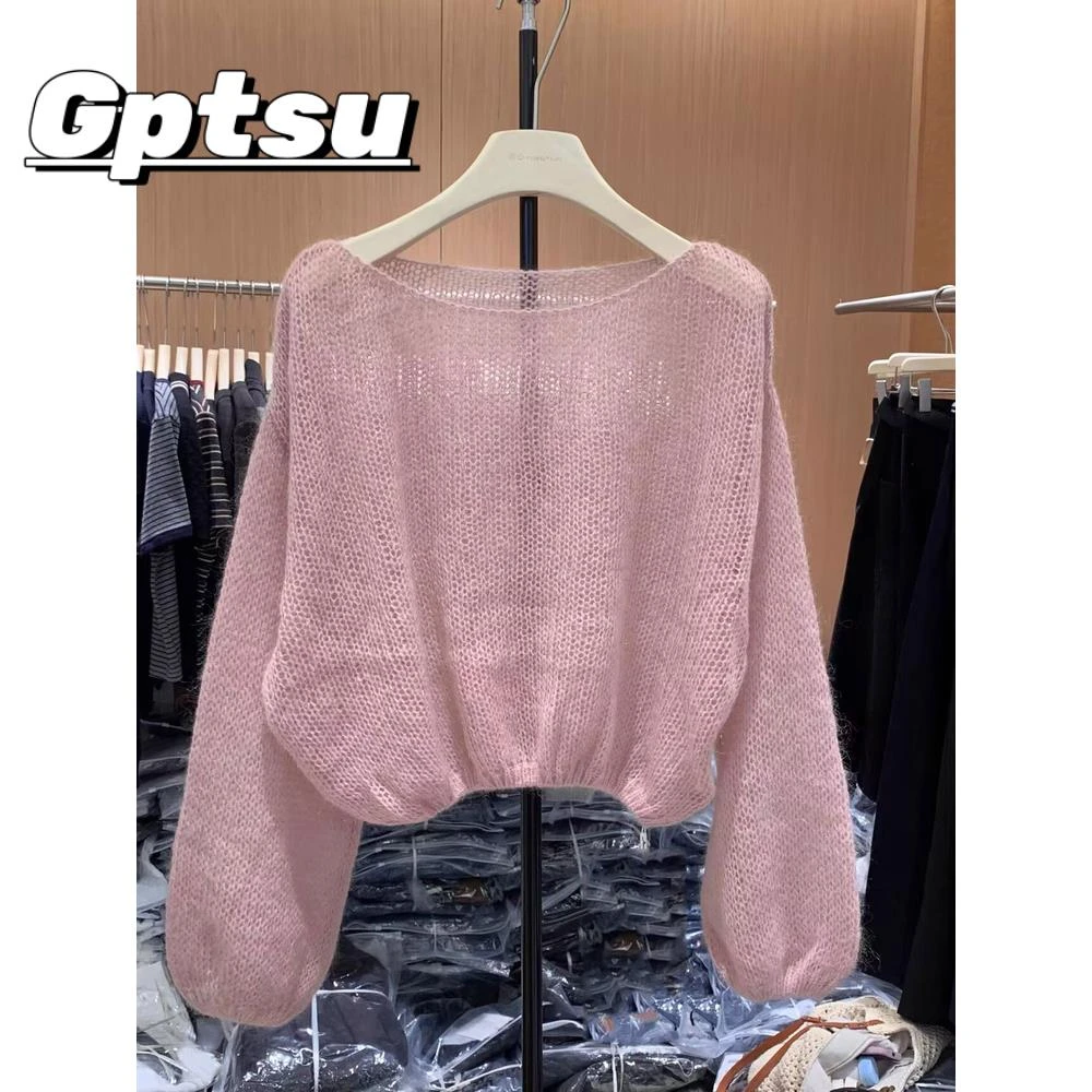 GPTSu一字套头毛衣春秋时尚新款短款灯笼袖女薄款针织衫温柔上衣
