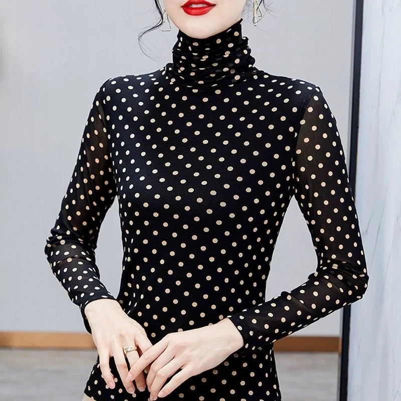 2025秋冬高领圆点网纱打底衫女新款印花修身遮肚时尚洋气小衫上衣