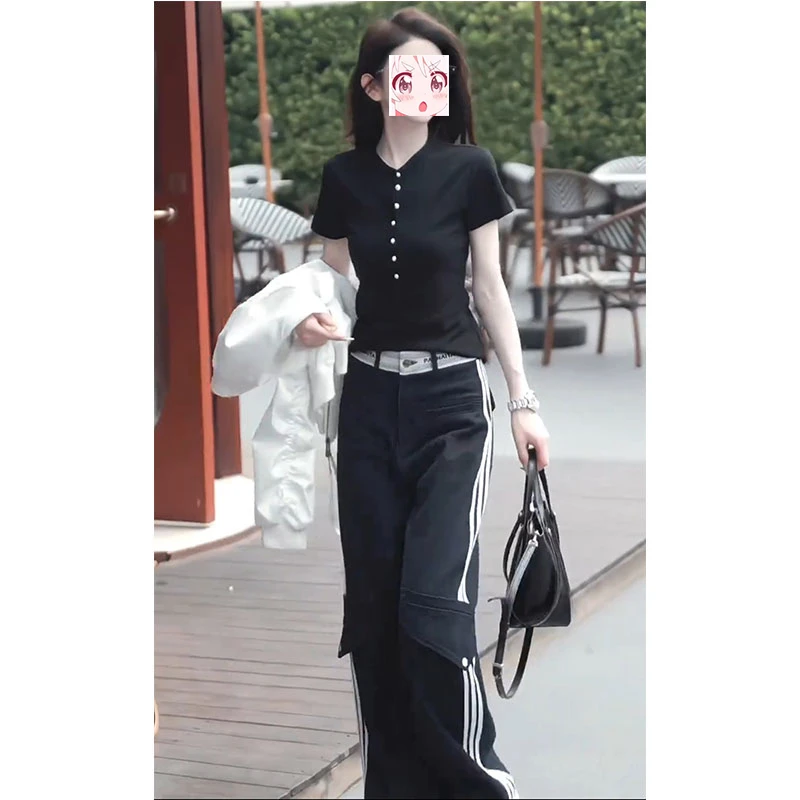 夏日简约正肩显瘦洋气短袖t恤三条杠潮流窄版阔腿裤子显瘦两件套
