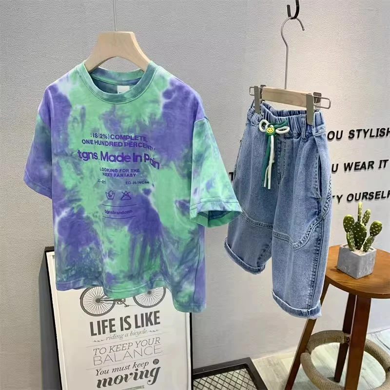 娇娃布迪儿童韩版短袖T恤男女童夏季中小童字母扎染纯棉休闲上衣