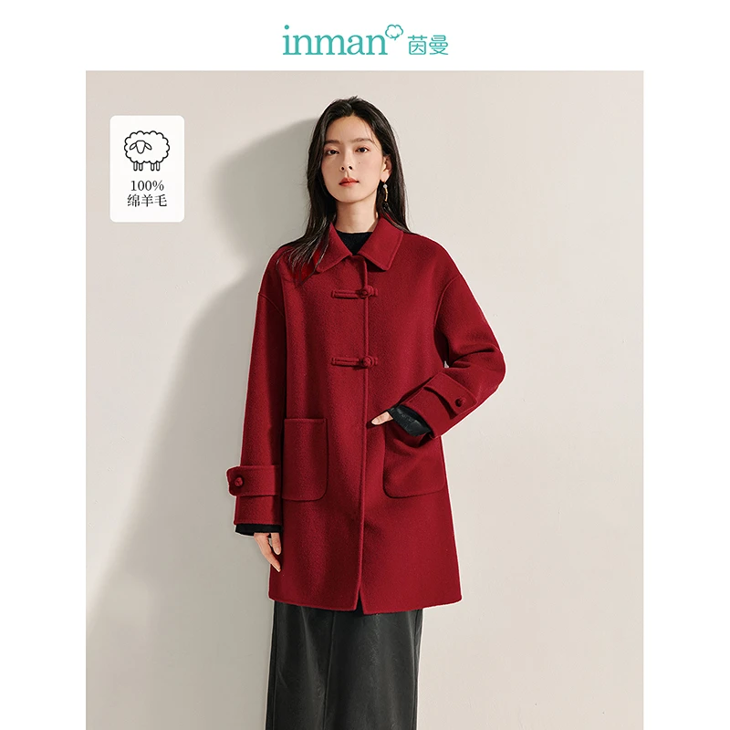 【茵曼服饰】茵曼新中式绵羊毛双面呢大衣翻领国风外套18448066