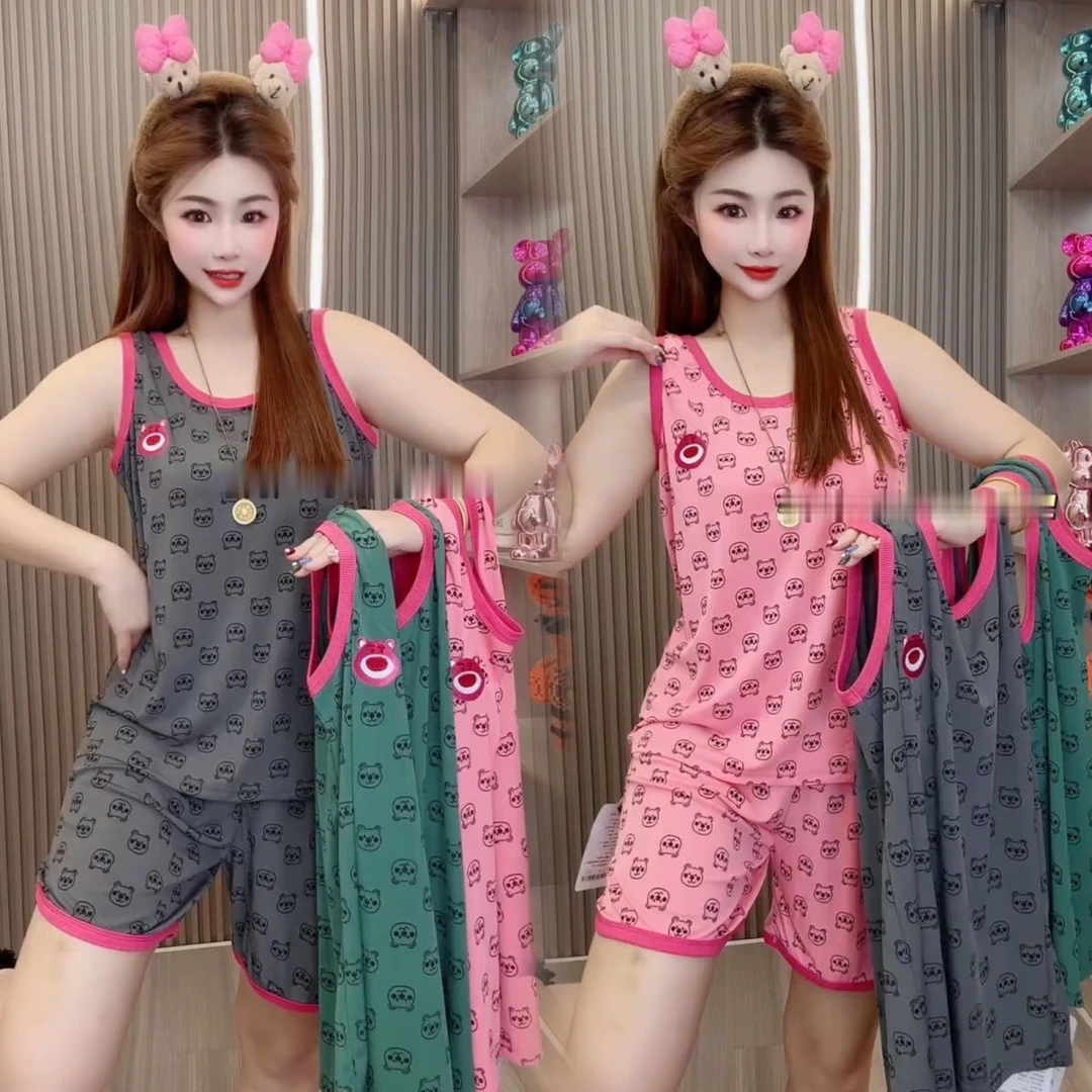 网红爆款大码小熊彩色砍袖短裤家居套装夏季新款卡通休闲宽松显瘦