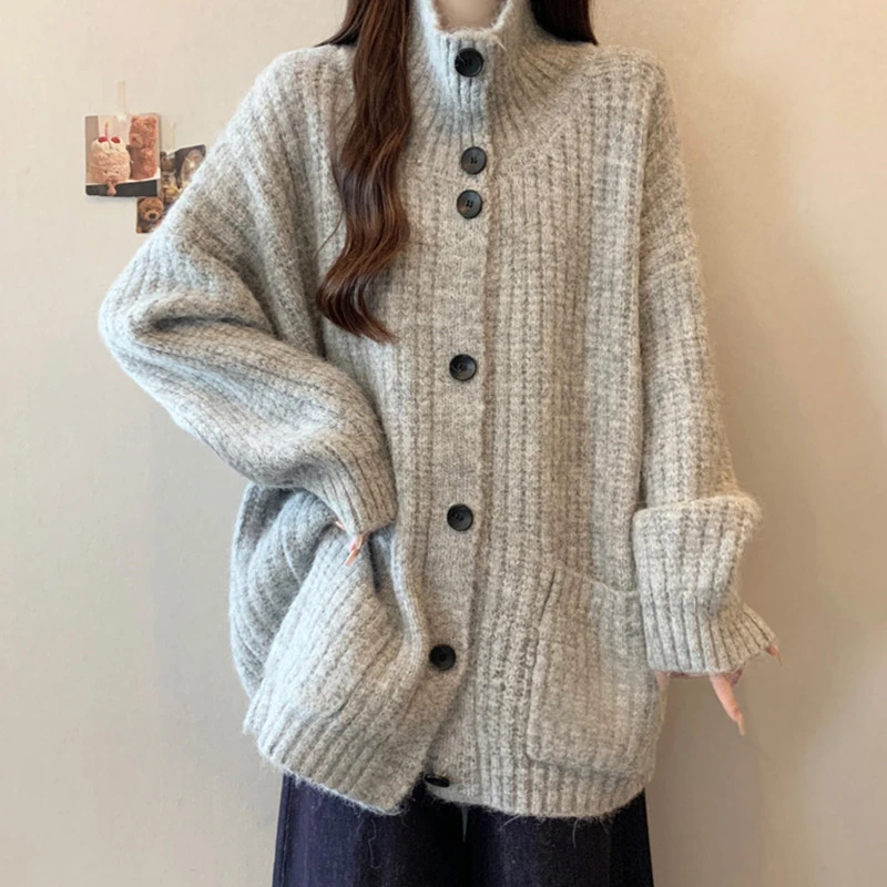 韩系慵懒风高领毛衣外套女秋冬季大码胖mm翻领加厚外穿针织开衫女