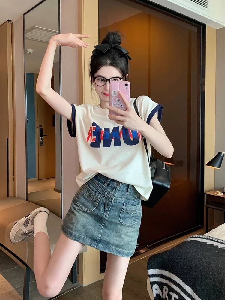 大码女装设计感撞色圆领字母印花短袖T恤女2025新款宽松显瘦上衣
