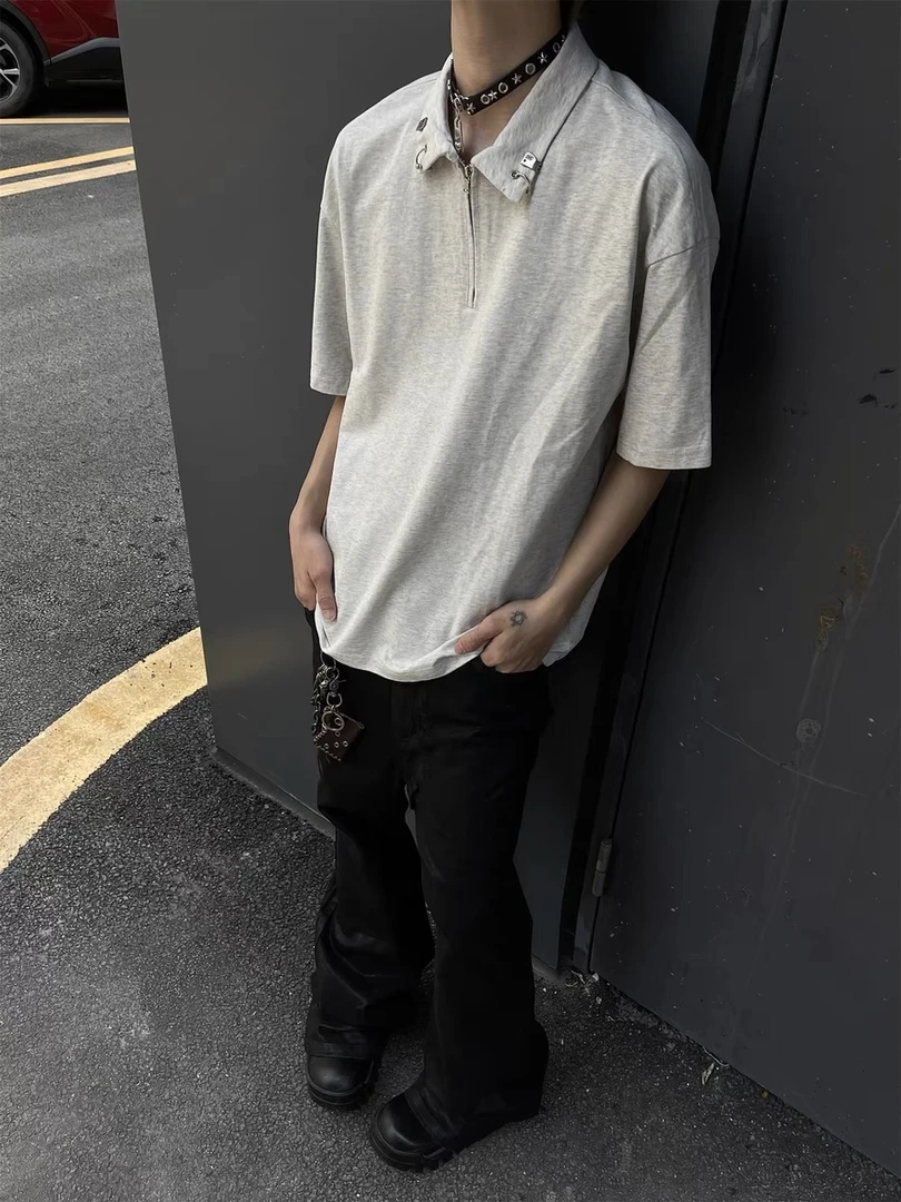 美式高街小众设计感半拉链POLO衫短袖T恤男女情侣宽松上衣ins