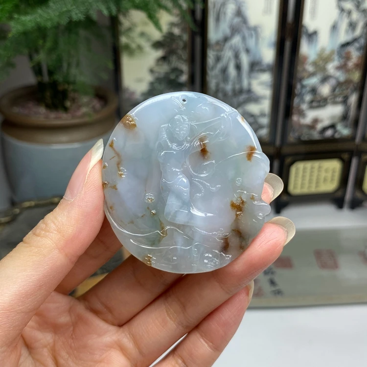 糯种飘花豆沙红侍女挂件 天然翡翠A货