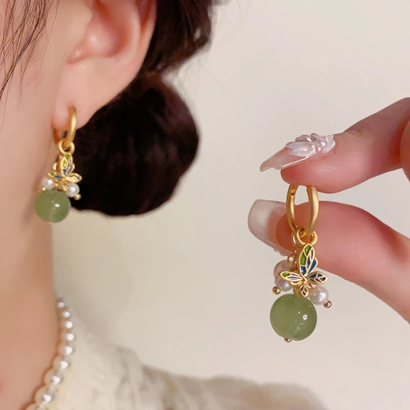 铜合金仿珍珠耳饰 新中式气质时尚小清新蝴蝶珍珠防玉珠耳坠