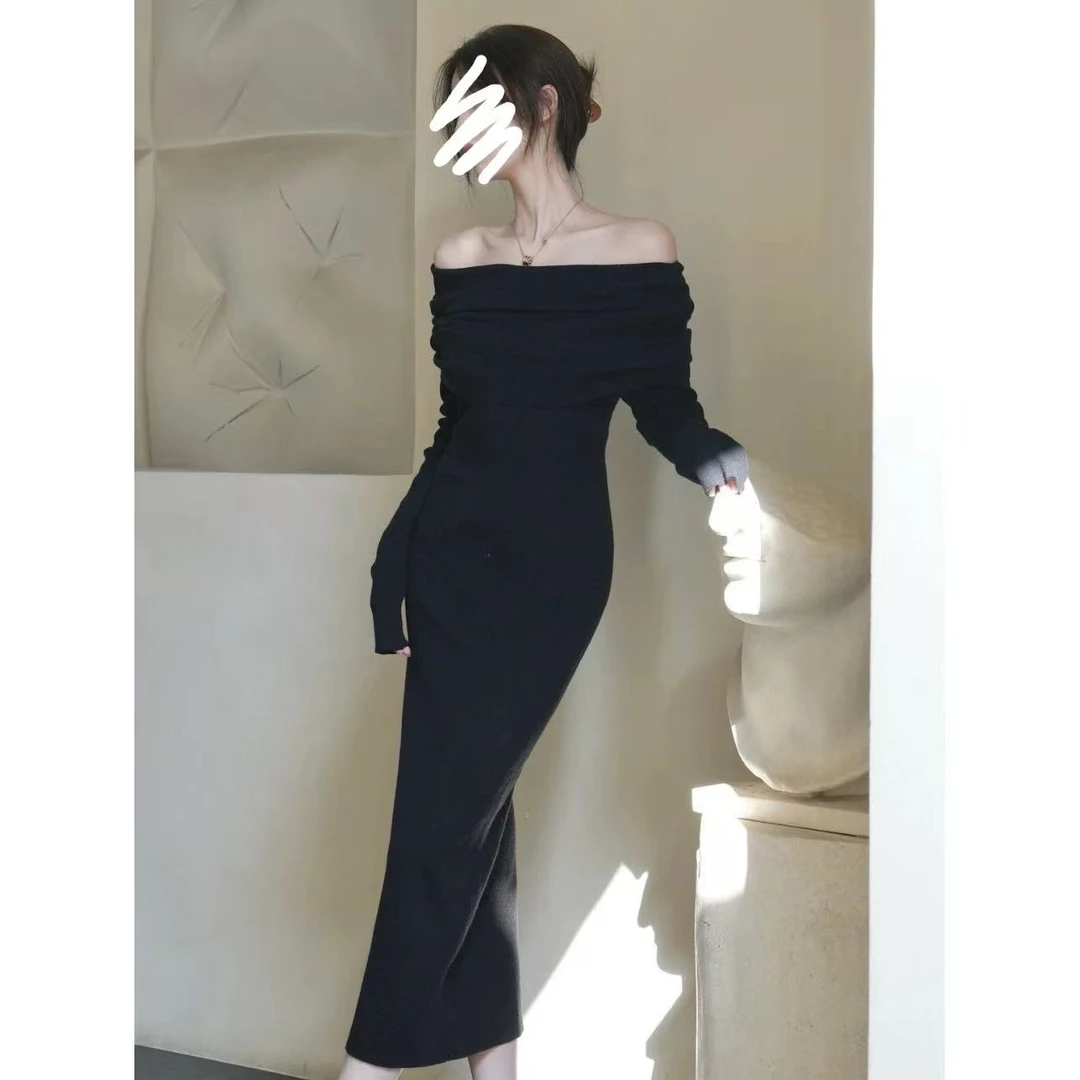 气质女神范温柔风法式一字肩薄绒连衣裙高级感女秋冬2025年新款