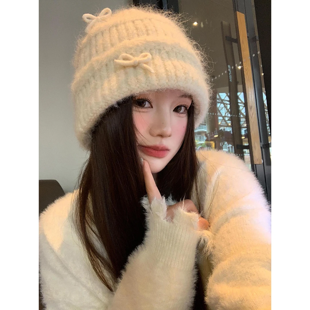 白色蝴蝶结毛绒针织女秋冬显脸小毛线帽大头围保暖护耳包头帽