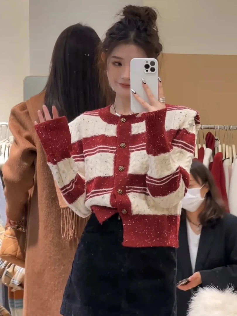 常规款条纹开衫款女厚款毛针织衫春秋季气质女装时尚春秋冬上衣