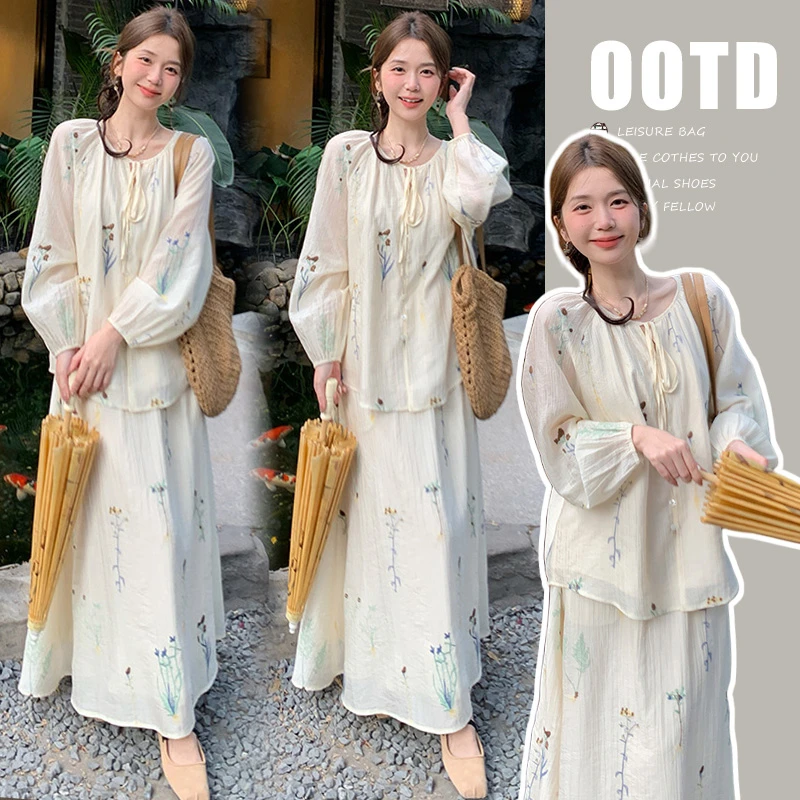 新款早春夏重工全刺绣孕妈上衣+高腰猪鼻扣半身裙套装中国风