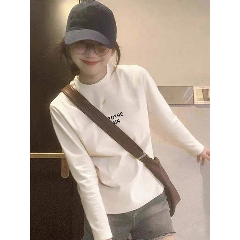 螺纹正肩白色长袖t恤女2025新款春秋季时尚百搭上衣内搭打底衫潮