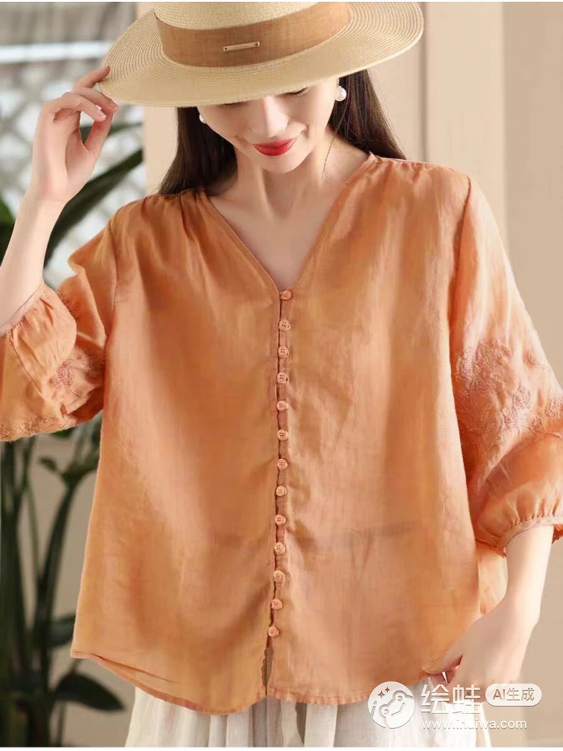 刺绣夏季V领刺绣衬衫女装休闲薄款衬衫大码显瘦宽松