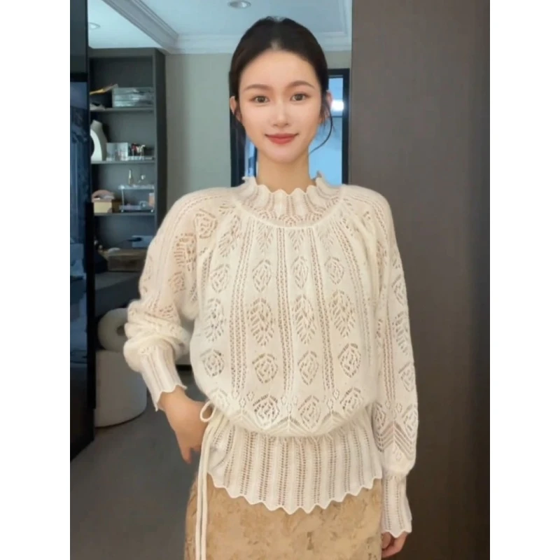 白色镂空收腰花边针织上衣女25秋轻奢名媛风重要场合高端漂亮小衫
