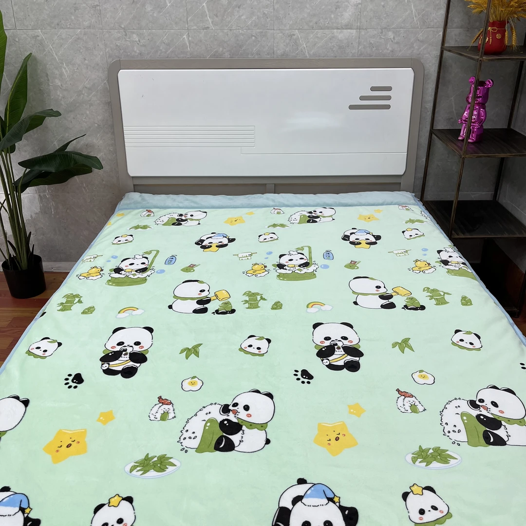 羽蓝家纺推荐【绿色小熊猫被子】1.5*2.0双面加绒加厚可机洗被子