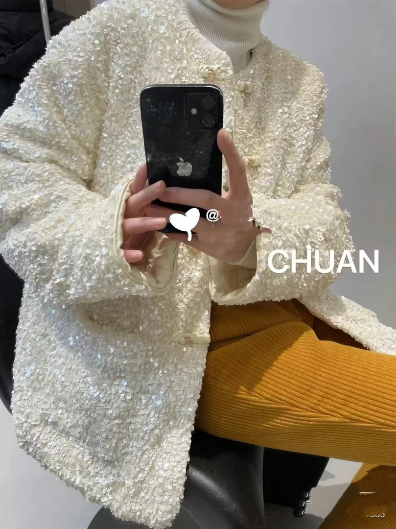富家千金刺绣衣服外套羽绒服白月光网红重工休闲白色百搭气质亮片