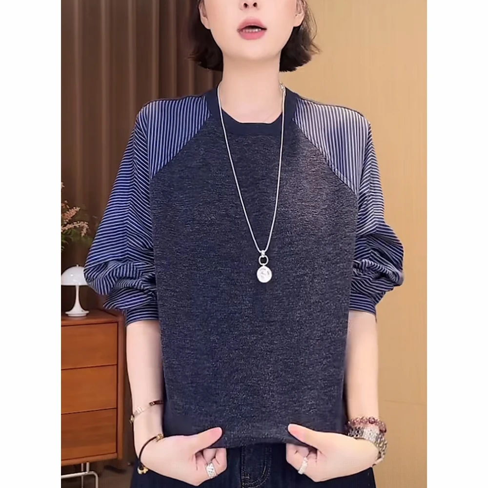 假两件条纹卫衣女士2025秋季新款时尚减龄显瘦设计感衬衫拼接上衣