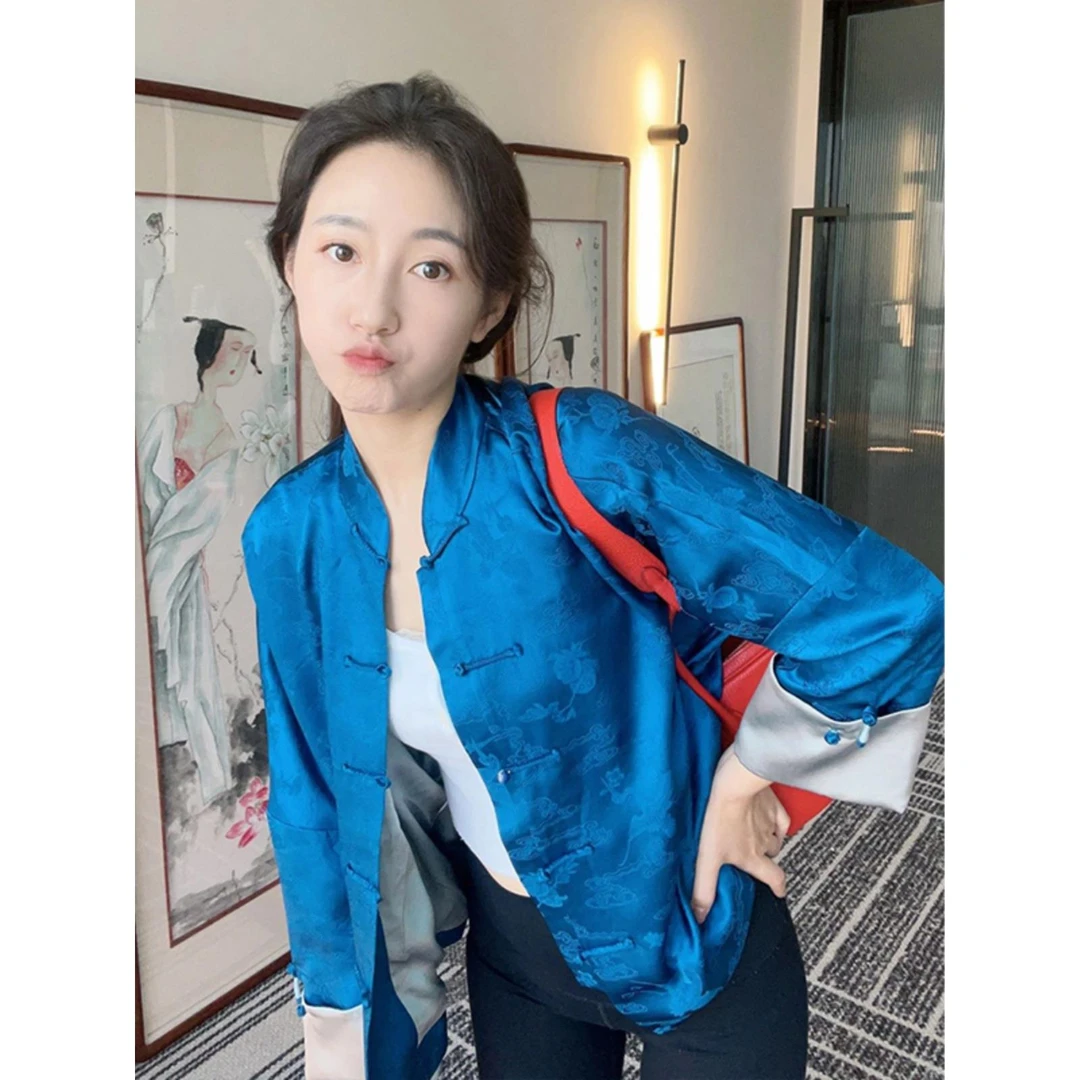 春季2025新款端庄大气新中式女装唐装中国风蓝色盘扣提花外套上衣