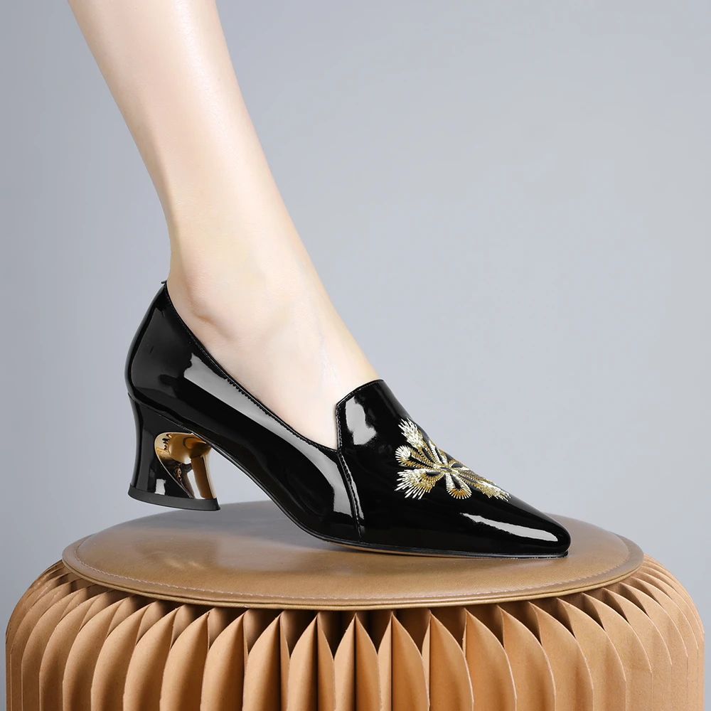 妮彩诗2024年新款欧美优雅单鞋手工刺绣舒适真皮百搭女鞋气质1466