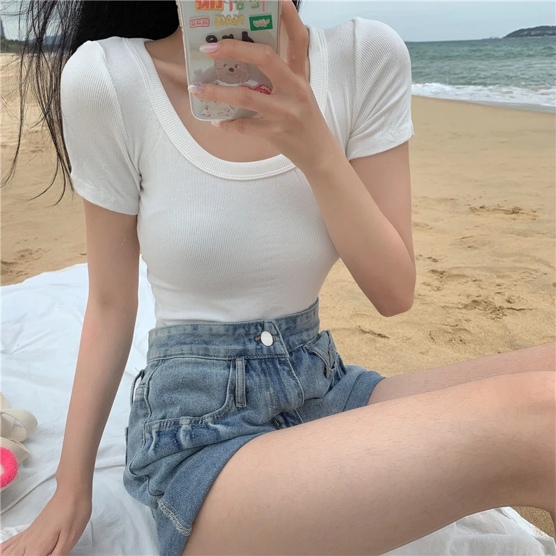 1812夏季抗起球修身紧身显瘦纯色螺纹短袖潮流百搭气质简约T恤