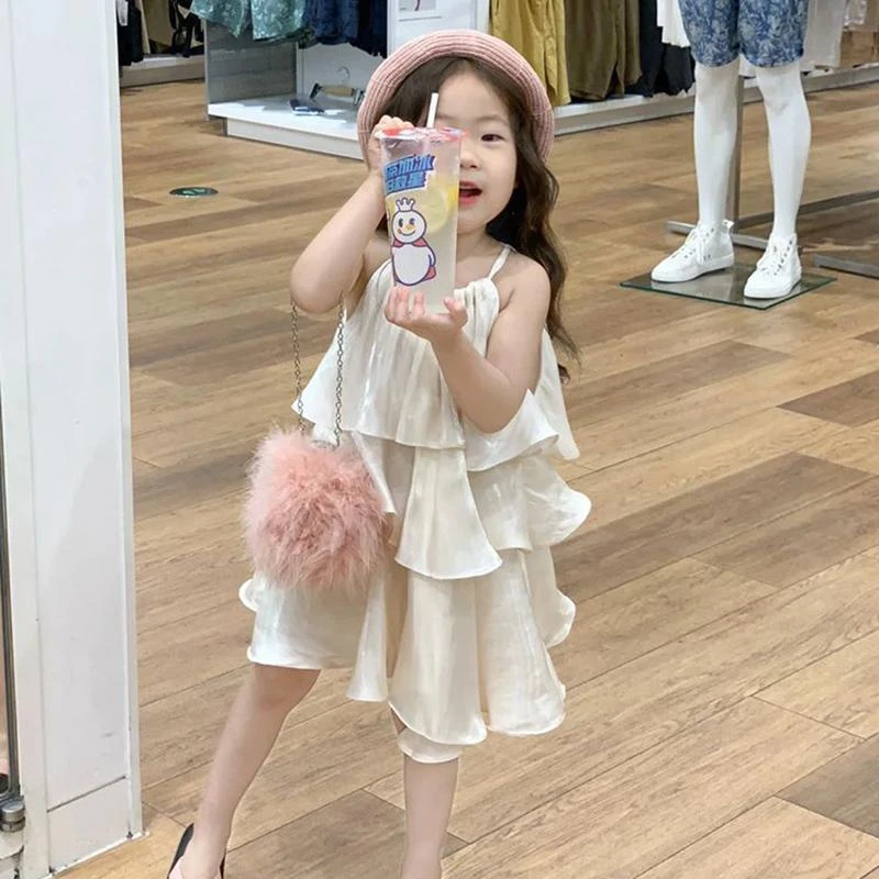 度假夏季新款韩版风挂脖背心荷叶边蛋糕甜美系儿童裙子设计感