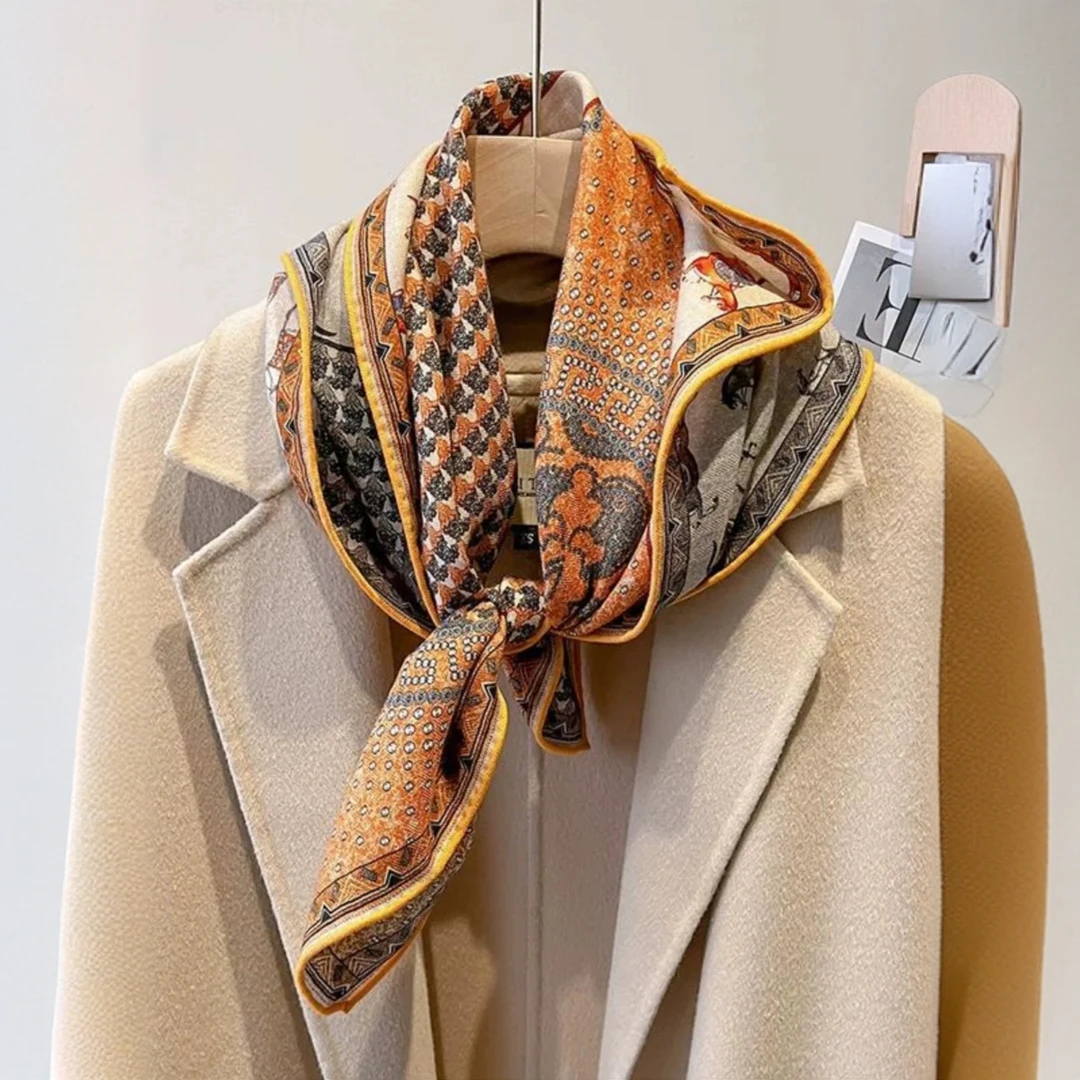 巾有所属姜饼干色黄色四宫格骏马丝毛双面同色真丝羊毛秋冬丝巾