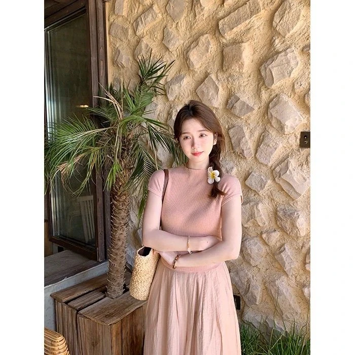 粉色正肩冰丝短袖t恤女夏季修身显瘦内搭针织衫辣妹小个子上衣短