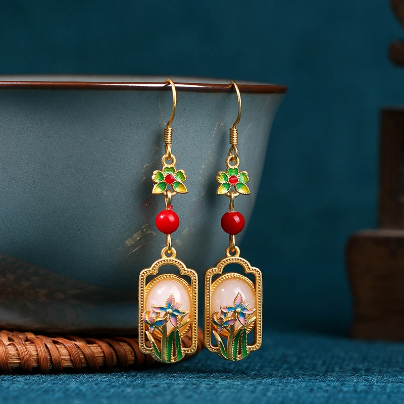 铜合金耳饰 925银针新中式耳环女古法金小众高级古风旗袍汉服耳环