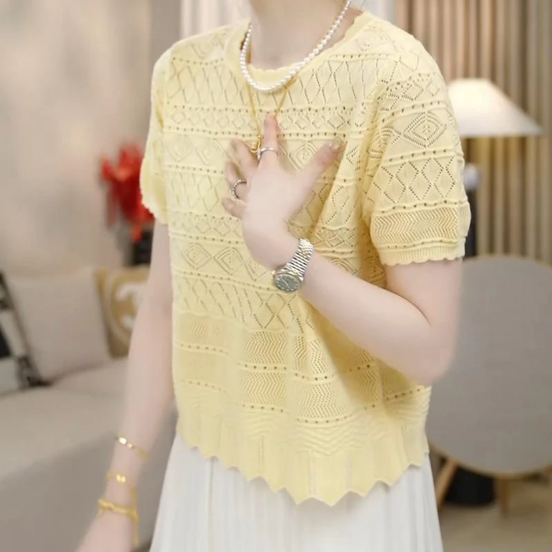 镂空透气针织衫短袖T恤女2025年夏季新款韩系设计感百搭显瘦上衣