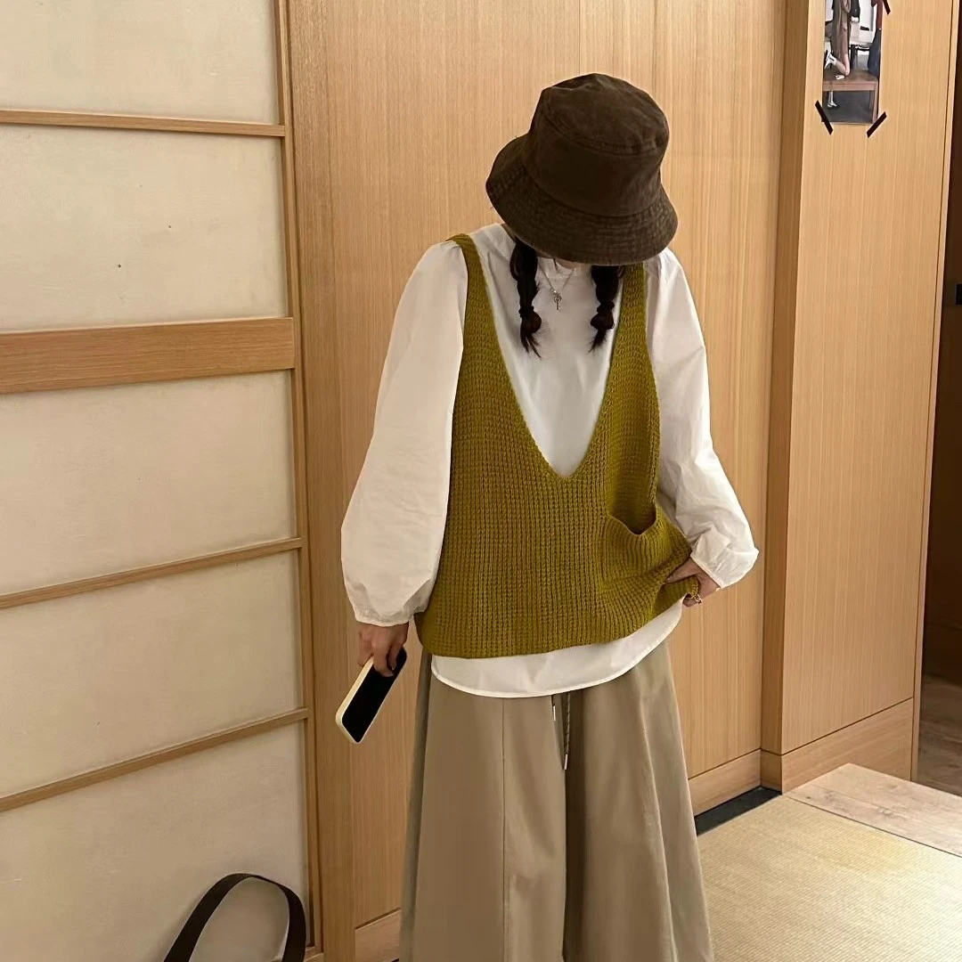 韩系圆领极简宽松显瘦衬衫+毛衣背心两件套2025秋新设计套装女潮