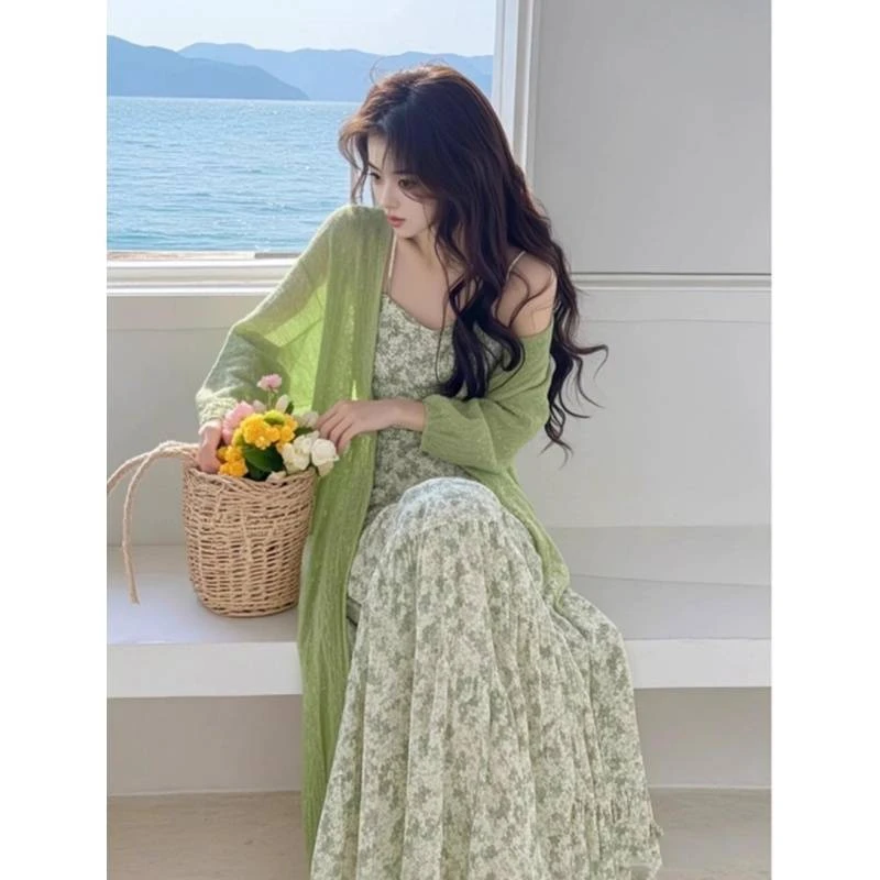 2025年春季穿搭小香风温柔减龄长款针织开衫碎花连衣裙两件套装裙