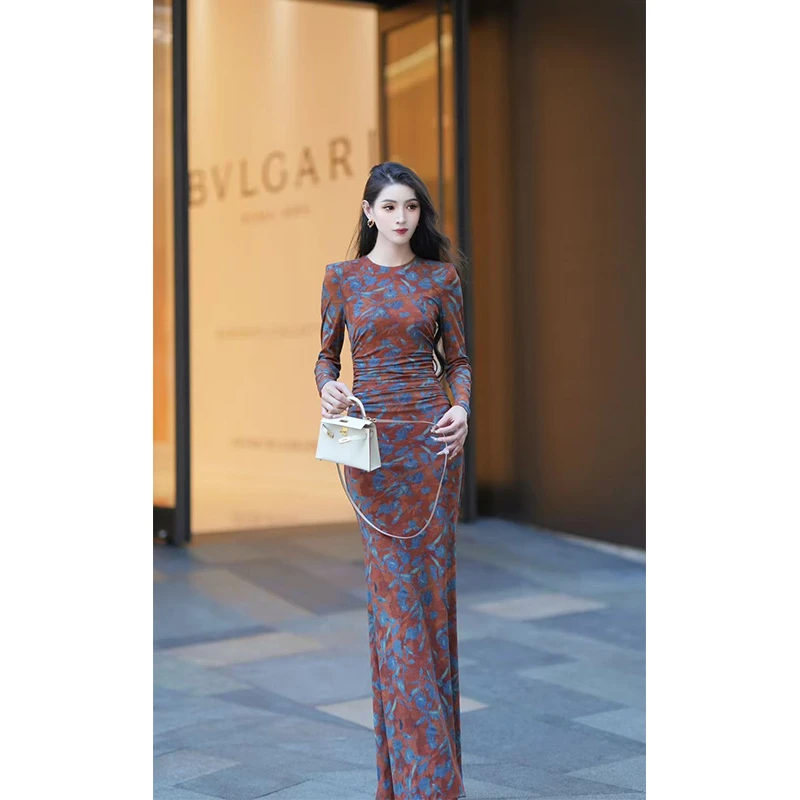 尤克菲儿 原创高定网布印花气质优雅修身显瘦温柔连衣裙