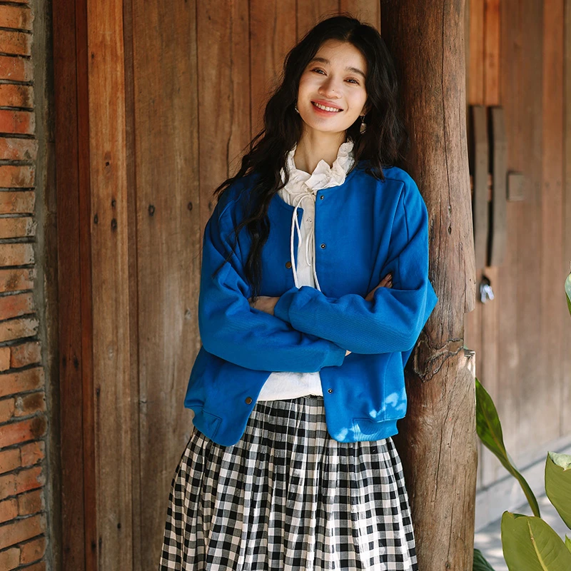 绽放141朵/2025春季纯棉开襟落肩长袖日系文艺卫衣圆领短款外套