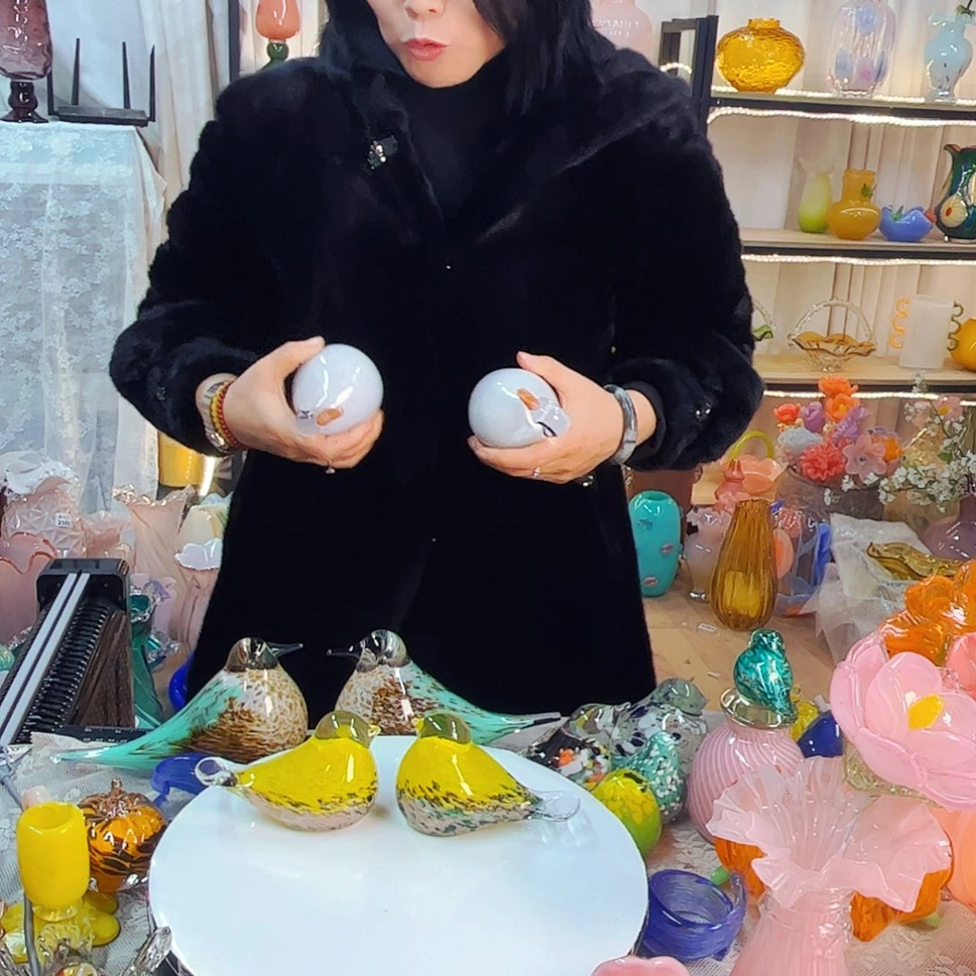 一对黄鸟家悦琉璃工艺品