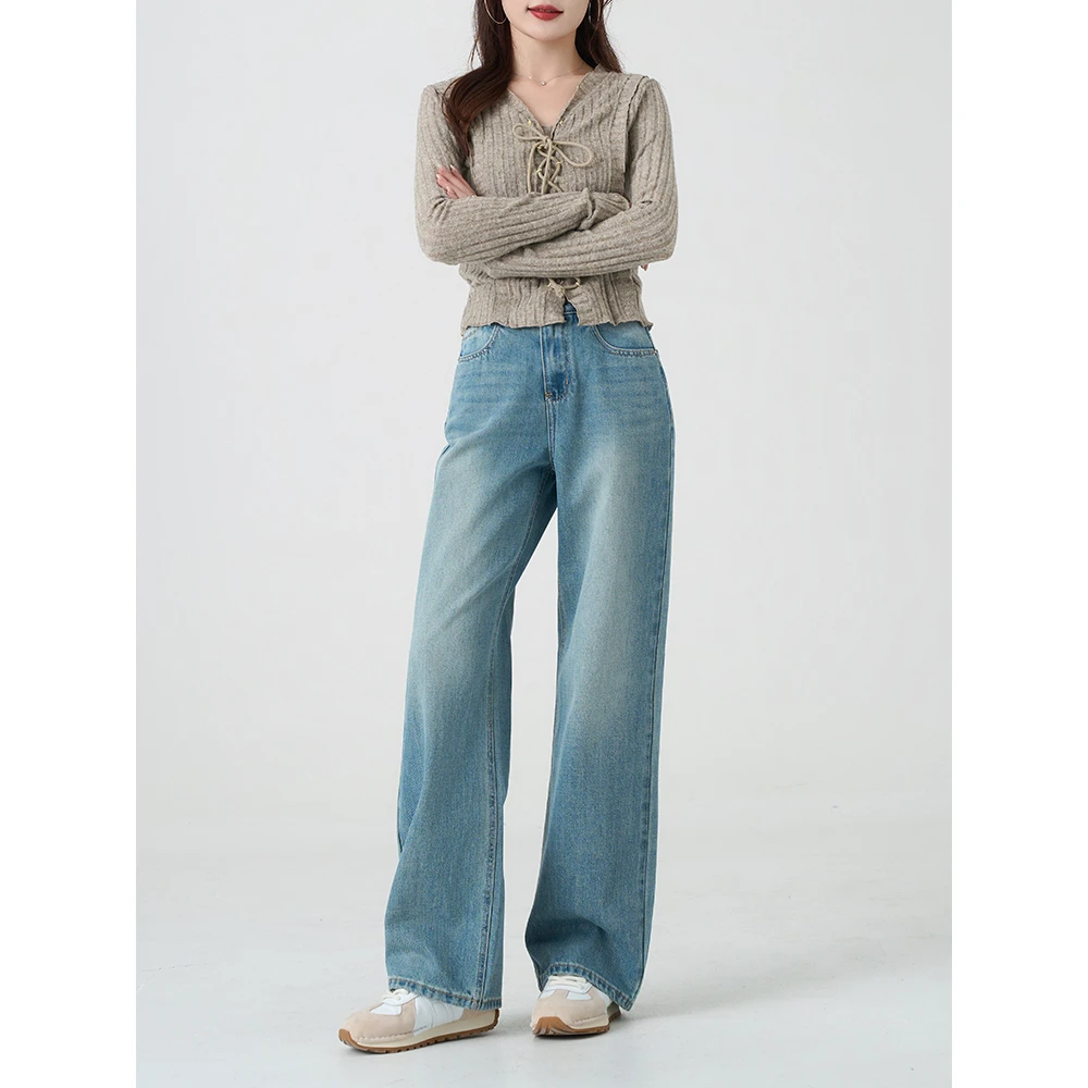 阔腿裤高腰显瘦复古水洗牛仔蓝色宽松牛仔长裤89213