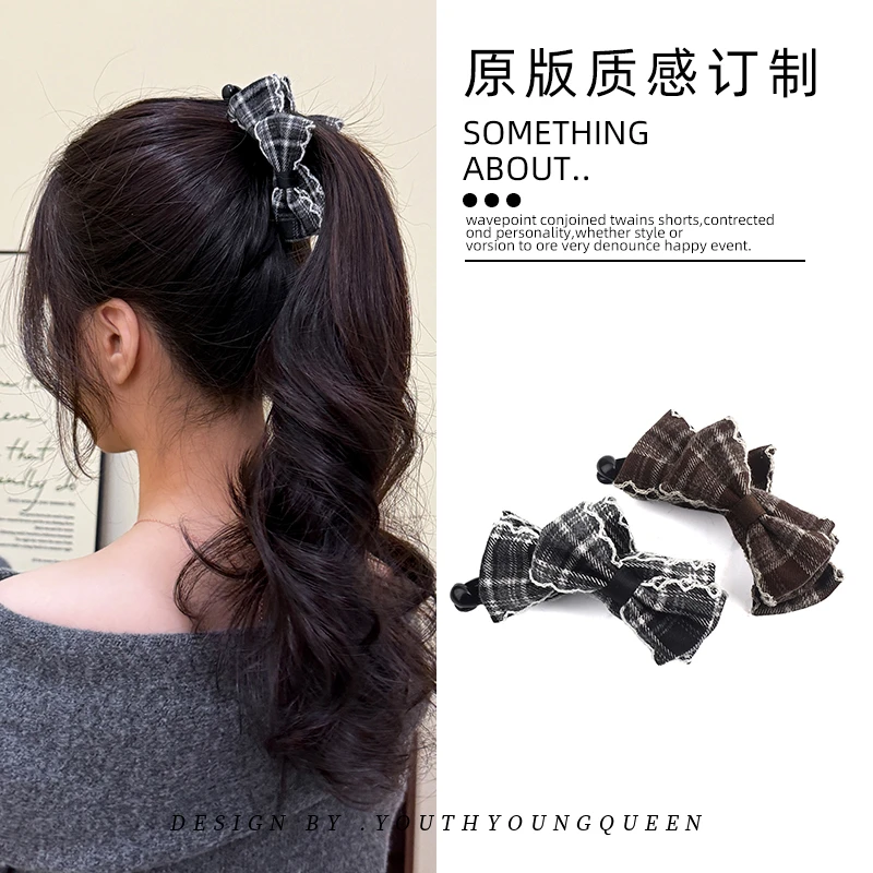 韩系格纹蝴蝶结香蕉夹竖夹女2025新款后脑勺气质扎高马尾扭扭发夹