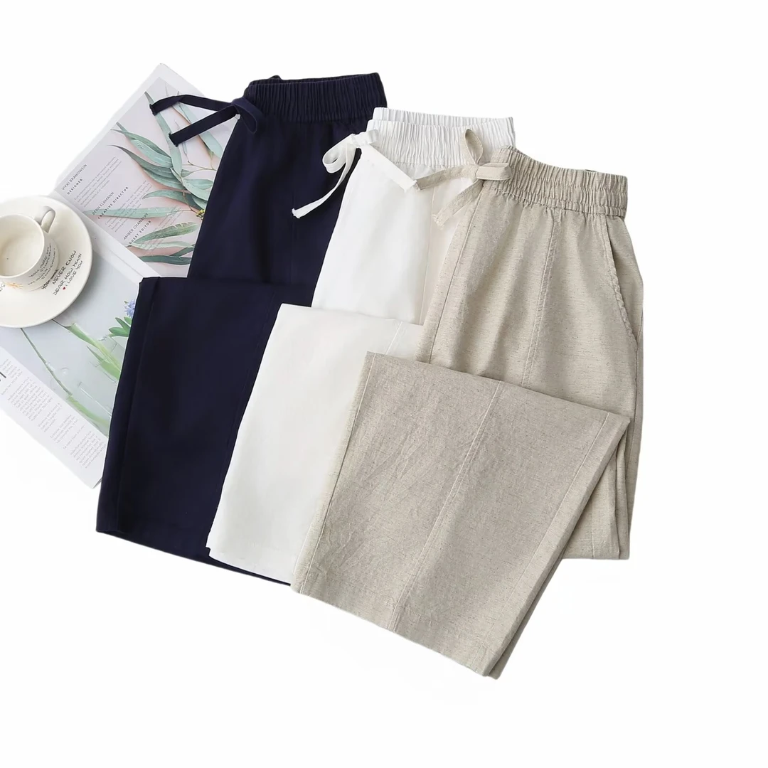 200斤胖mm高腰棉麻哈伦裤女士夏季薄款九分裤宽松紧腰大码女裤