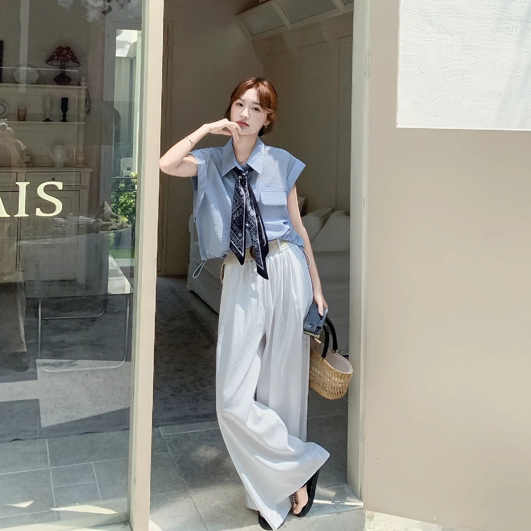 韩系气质巨好看的短袖衬衫套装女夏季2025新款高级感阔腿裤两件套